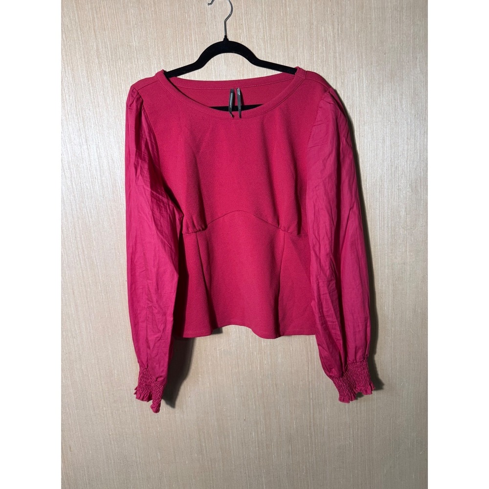 Anthropologie‎ Blouse Top XL Pink Long Sleeve Smocked Cuff Blouse
